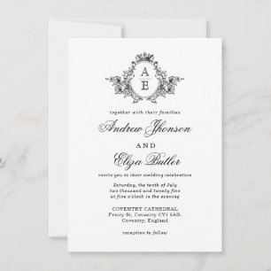 Invitation Mariage de monogramme de crête florale noire et bl