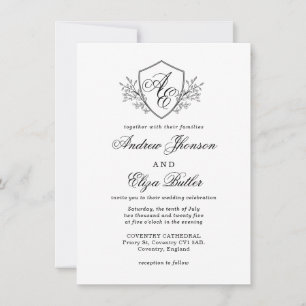 Invitation Mariage de monogramme de crête florale noire et bl