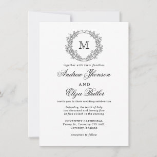 Invitation Mariage de monogramme de crête florale noire et bl