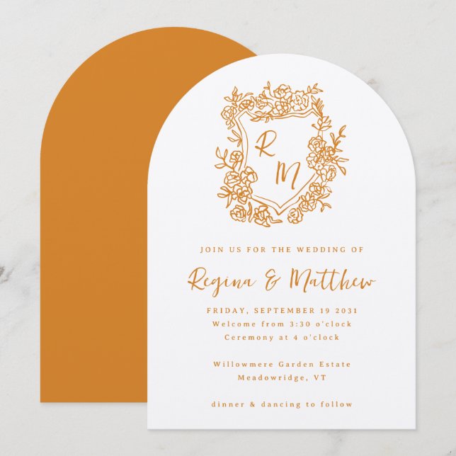 Invitation Mariage de monogramme de crête florale orange dess (Devant / Derrière)