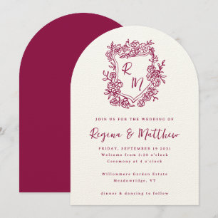 Invitation Mariage de monogramme de crête florale pourpre tir