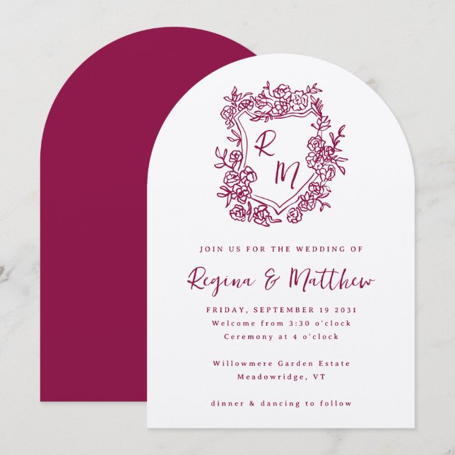 Invitation Mariage de monogramme de crête florale pourpre tir (Devant / Derrière)