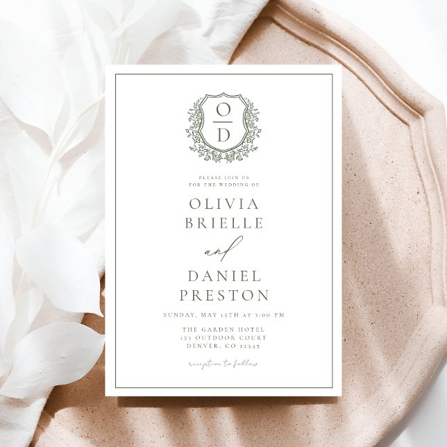 Invitation Mariage de monogramme de crête florale verte Sage (Créateur téléchargé)