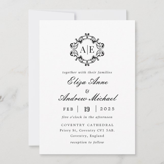 Invitation Mariage de monogramme de crête noire et blanche an (Devant)