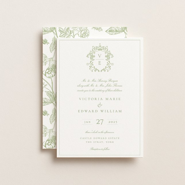 Invitation Mariage de monogramme de crête verte Sage (Créateur téléchargé)