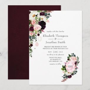 Invitation Mariage de monogramme de diamants rose bordeaux et