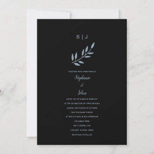Invitation Mariage de monogramme de feuille bleue noir Dusty