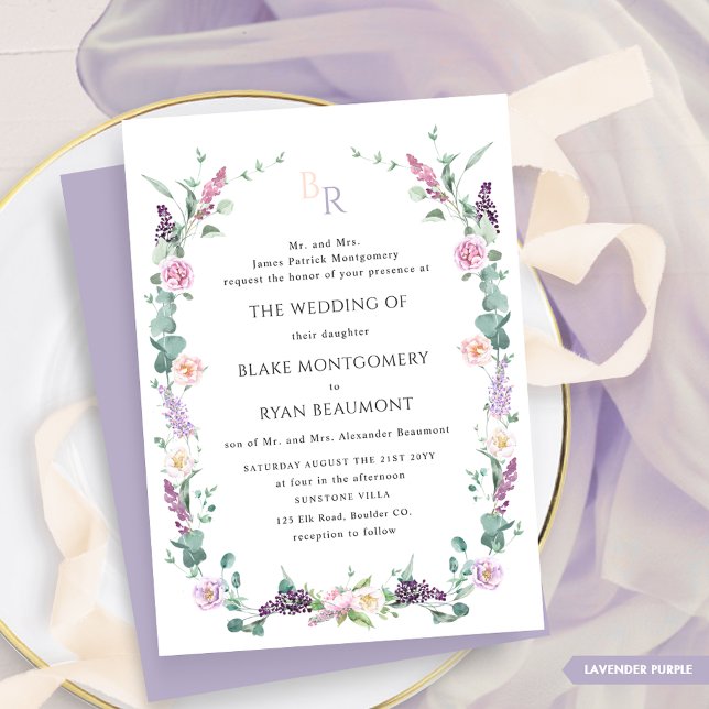Invitation Mariage de monogramme de fleurs violettes de lavan (Créateur téléchargé)