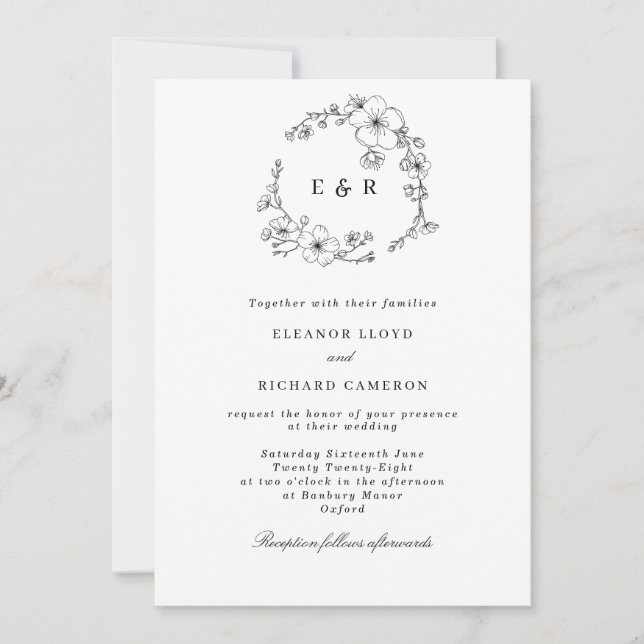 Invitation Mariage de monogramme de germe noir et blanc (Devant)