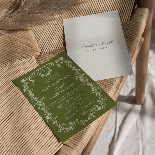 Invitation Mariage de monogramme de jardin vert olive floral  (Créateur téléchargé)