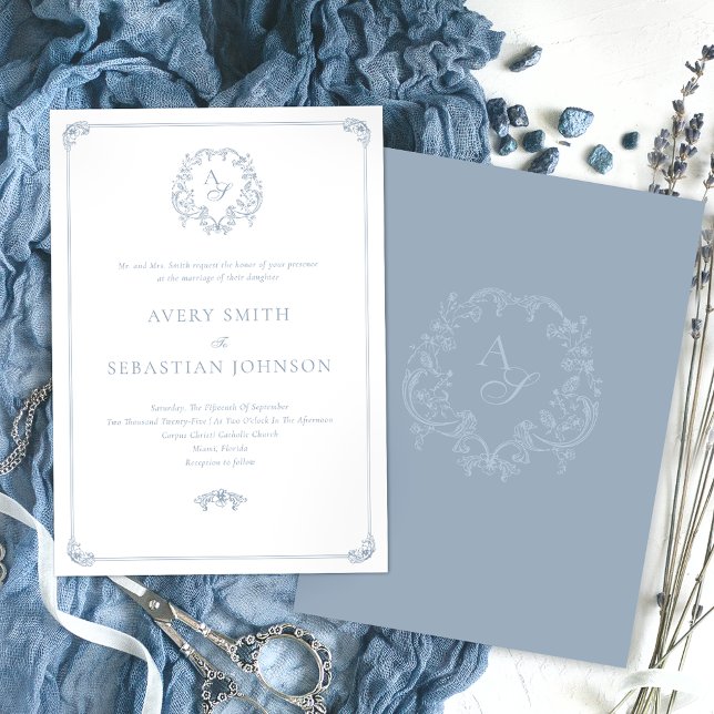 Invitation Mariage de monogramme de la crête bleue Dusty (Créateur téléchargé)
