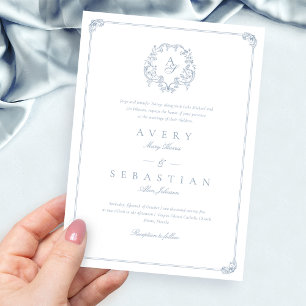 Invitation Mariage de monogramme de la crête bleue Dusty