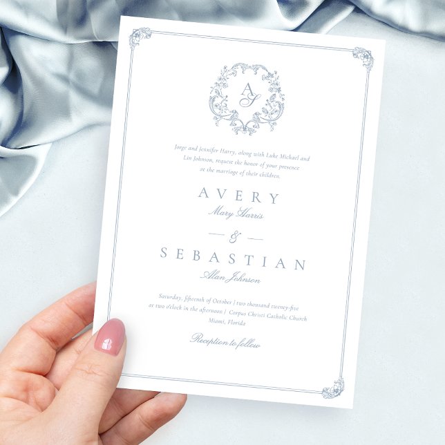 Invitation Mariage de monogramme de la crête bleue Dusty (Créateur téléchargé)