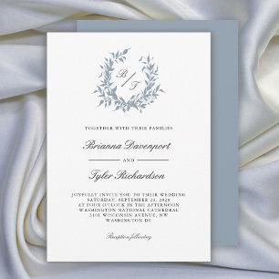 Invitation Mariage de monogramme de la crête botanique bleu D