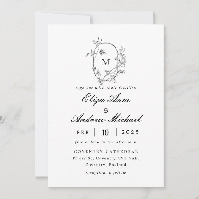Invitation Mariage de monogramme de la crête florale (Devant)