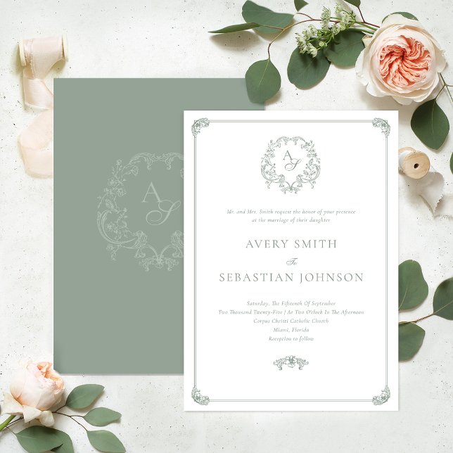 Invitation Mariage de monogramme de la crête verte de l'âge f (Créateur téléchargé)