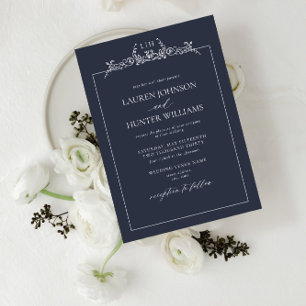 Invitation Mariage de monogramme de la frontière florale bleu