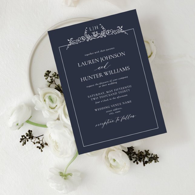 Invitation Mariage de monogramme de la frontière florale bleu (Créateur téléchargé)
