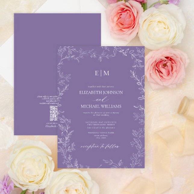 Invitation Mariage de monogramme de Lavande à feuilles élégan (Créateur téléchargé)