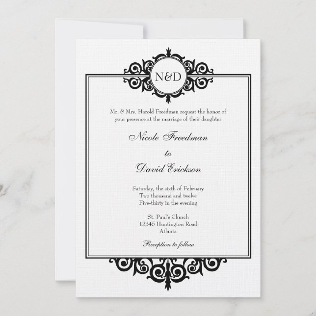 Invitation mariage de monogramme de parchemin victorien noir  (Devant)