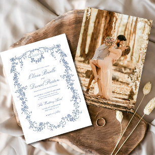 Invitation Mariage de Monogramme de photo en bleu de Victoria