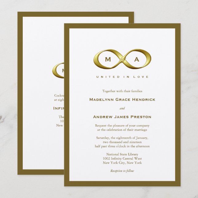 Invitation Mariage de monogramme de poignée d'infinité or dor (Devant / Derrière)