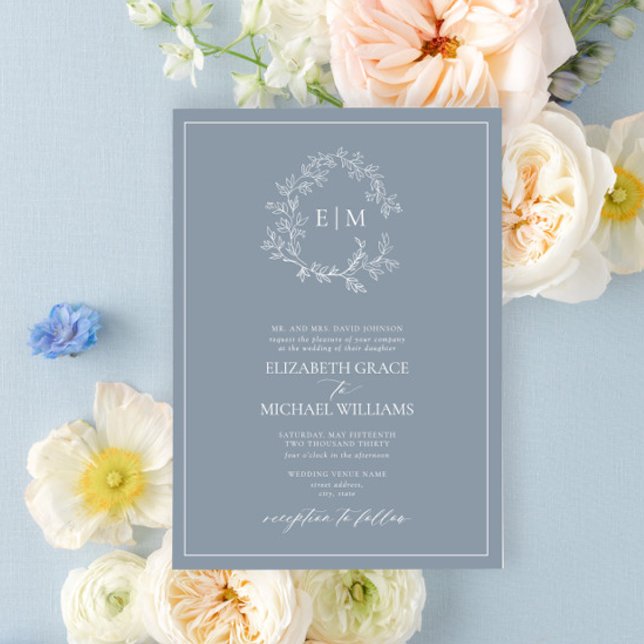 Invitation Mariage de monogramme de poitrine bleu-duché (Créateur téléchargé)