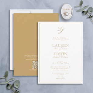 Invitation Mariage de monogramme de script or classique QR Co