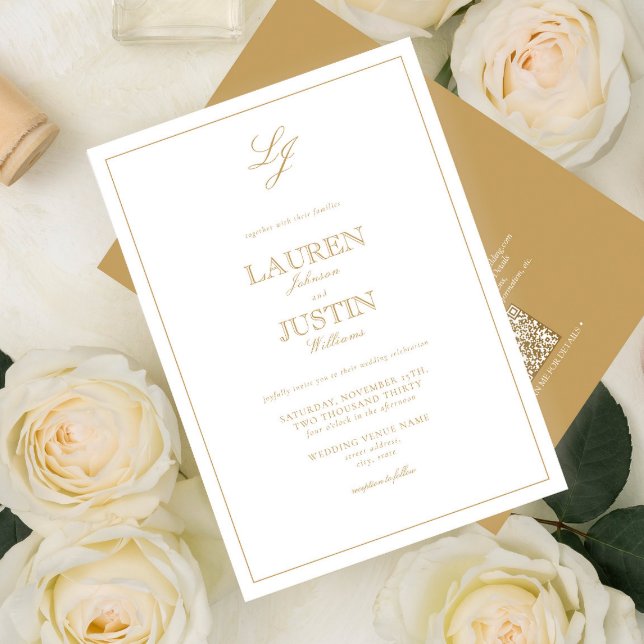 Invitation Mariage de monogramme de script or classique QR Co (Créateur téléchargé)
