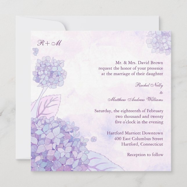 Invitation Mariage de monogramme d'Hydrangée violette (Devant)