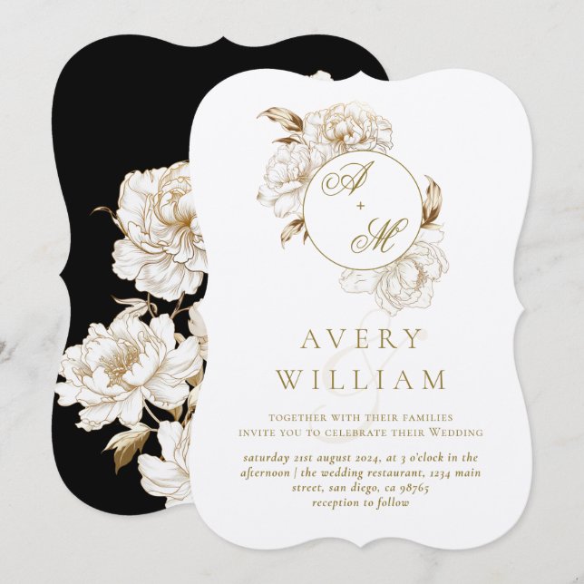 Invitation Mariage de Monogramme d'or blanc (Devant / Derrière)