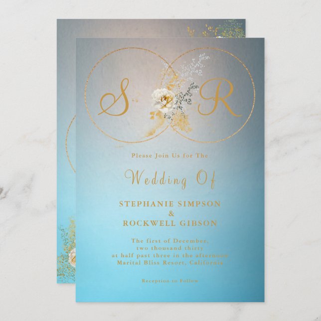 Invitation Mariage de monogramme d'or Turquoise (Devant / Derrière)