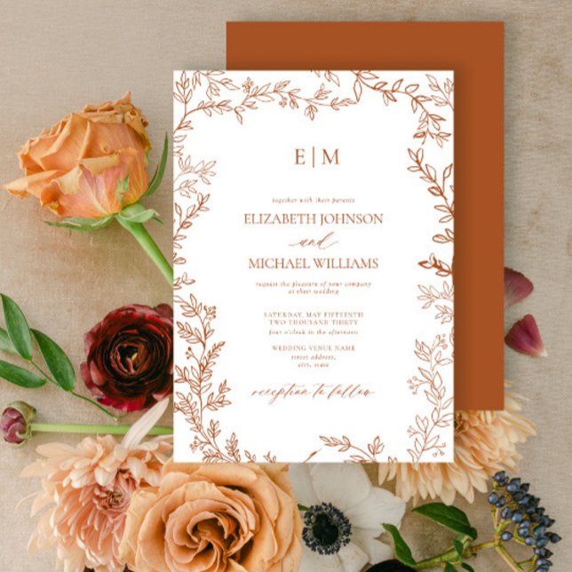 Invitation Mariage de monogramme Élégant à la feuille brûlé m (Créateur téléchargé)
