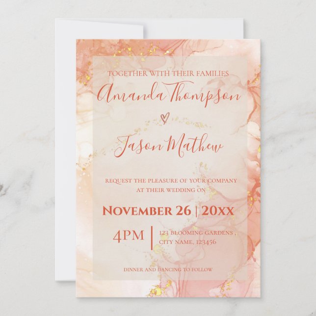 Invitation Mariage de monogramme en marbre or orange Peach (Devant)