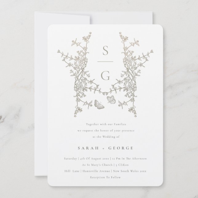 Invitation Mariage de monogramme en or gris argent (Devant)