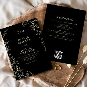 Invitation Mariage de monogramme en or noir élégant QR Code