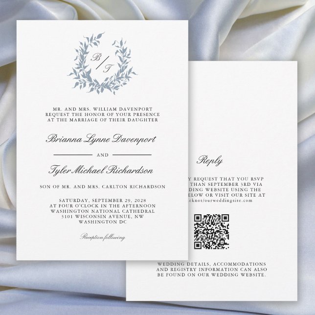 Invitation Mariage de monogramme en poitrine bleue Dusty (Available as both printed and paperless digital download!)