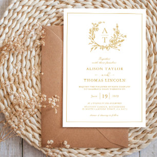 Invitation Mariage de monogramme Fleur sauvage de crête d'or