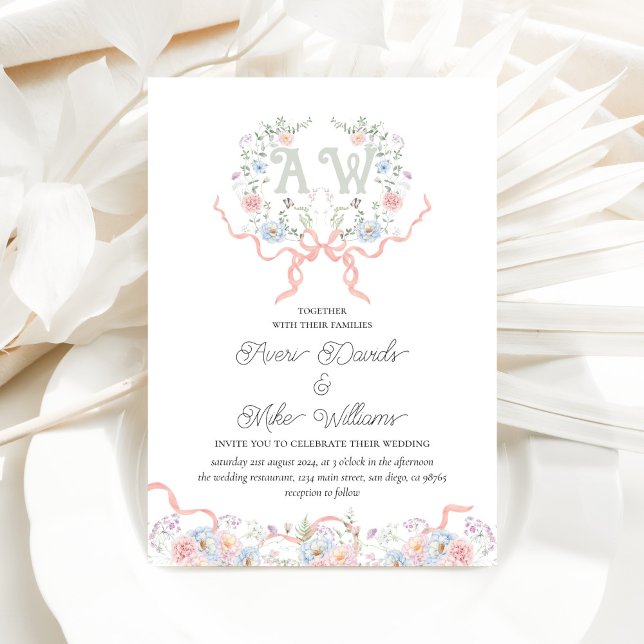 Invitation Mariage de monogramme Fleur sauvage Whmiste Crest (Créateur téléchargé)