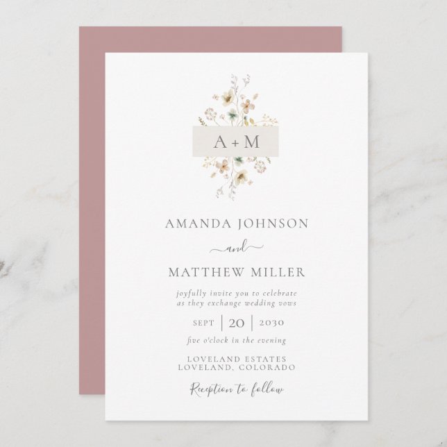 Invitation Mariage de monogramme floral d'aquarelle mauve min (Devant / Derrière)
