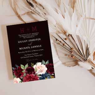 Invitation Mariage de monogramme floral de vin rouge de Bourg