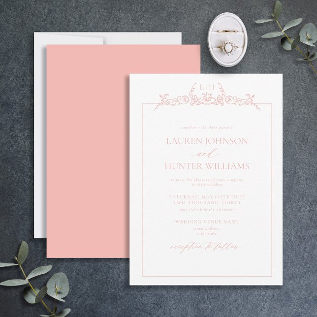 Invitation Mariage de monogramme floral rose pâle (Créateur téléchargé)