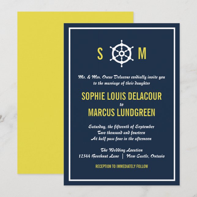 Invitation Mariage de monogramme marine et jaune (Devant / Derrière)