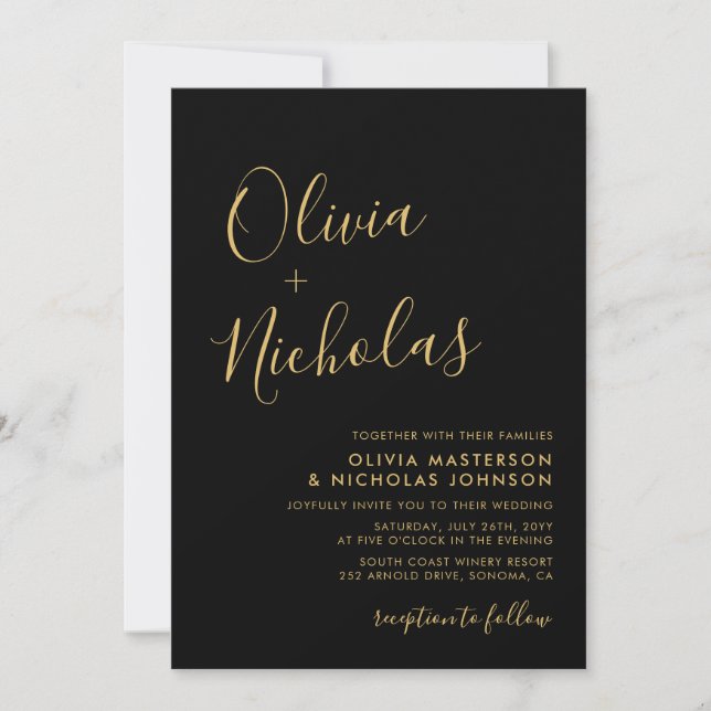 Invitation Mariage de Monogramme moderne noir et or (Devant)