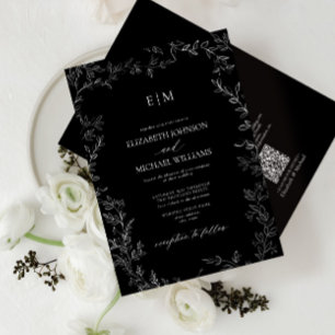Invitation Mariage de monogramme noir blanc à feuilles élégan