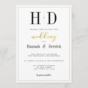 Invitation Mariage de monogramme noir blanc et or classique