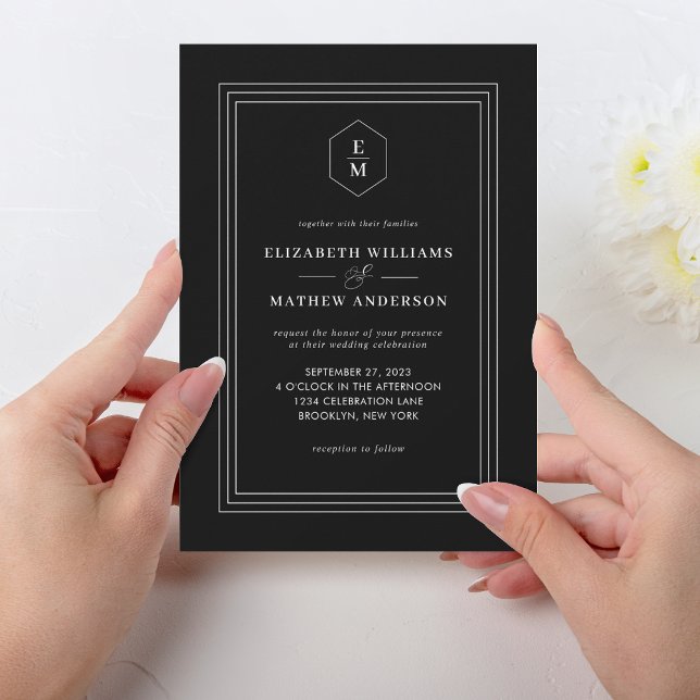 Invitation Mariage de monogramme noir blanc foncé (Créateur téléchargé)