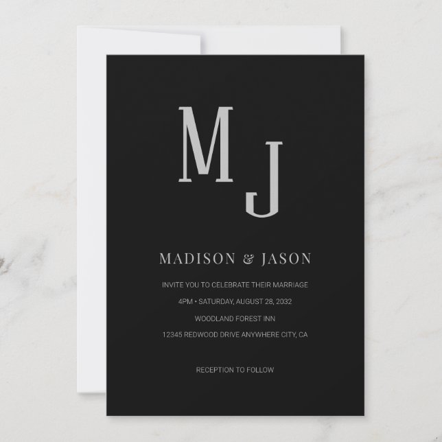 Invitation Mariage de monogramme noir classique simple (Devant)