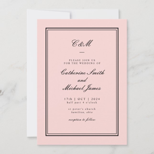 Invitation Mariage de monogramme noir et rose classique absol (Devant)