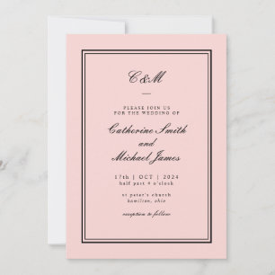 Invitation Mariage de monogramme noir et rose classique absol